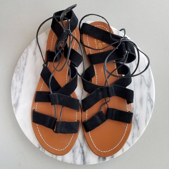 Kate Spade Shoes - Kate Spade Black Suede Gladiator Sandals Flat Size 9.5M Leather Cord Tie-up Lace